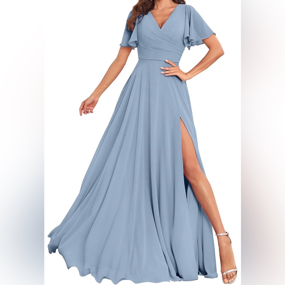 Bridesmaid Chiffon Dress with Pockets, Hemmed for Petite, Dusty Blue